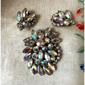 Weiss AB Rhinestone Brooch & Earrings Set Aurora Borealis
